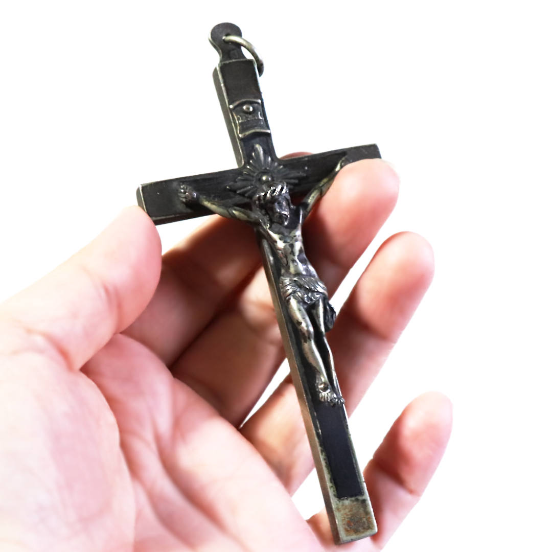 アンティーク フランス 黒木の筒十字架と銀色のイエスキリスト アルス-