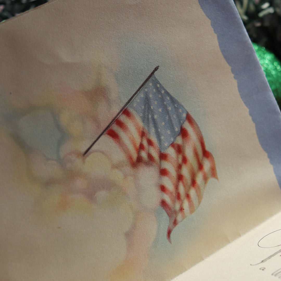 Usaヴィンテージ1940年代紙ものクリスマスカード 星条旗と雪景色アメリカ国旗 アンティークカード